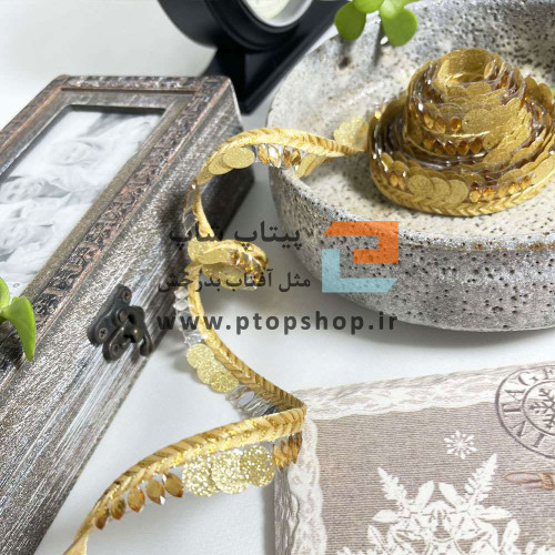 نوار خرج کار باریک پولک طلایی شنی و کریستال کاری شده ( چسبی )