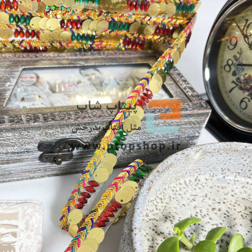 نوار خرج کار اتویی با پولک طلایی و کریستال رنگی و نوار قیطون هفت رنگ