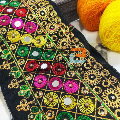 نوار خرجکار پهن سوزندوزی سنتی آینه ، نگین و مروارید کاری شده