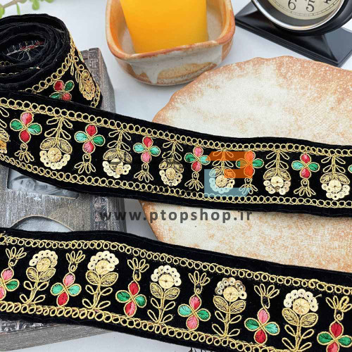 نوار خرج کار لمه و گلدوزی با پولک کاری روی زمینه مخمل مشکی