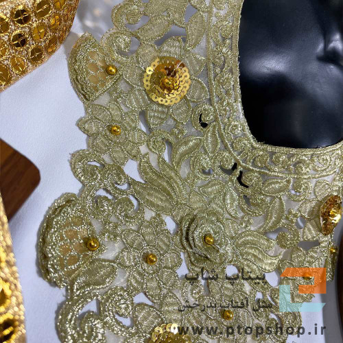 طرح جدید لباس با پنل گل برجسته دیزاین شده با مروارید طلایی و پولک روی توری ارگانزا