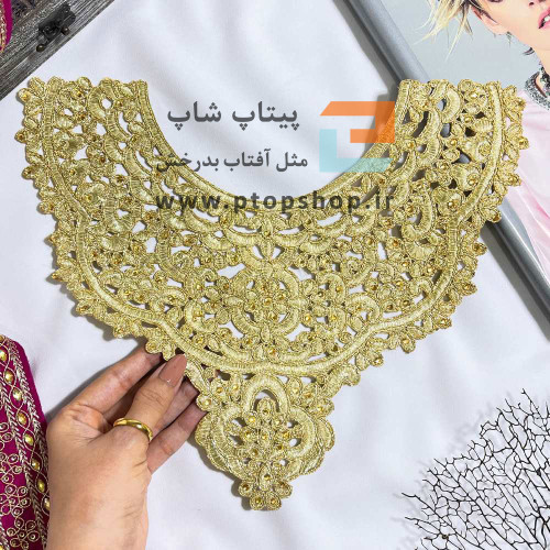 پنل طلایی زری دوزی شده منسجم با نگین و لمه کاری