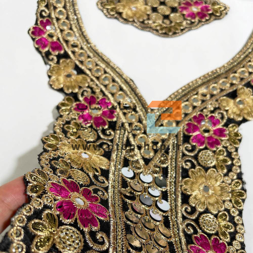 اپلیکه لباس مجلسی و پنل گلدوزی، زری دوزی و پولک کاری(گل سرخ آبی)