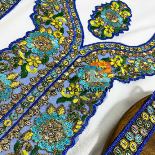 ست پنل گلدوزی، زری و پولک دوزی روی تور ارگانزا آبی