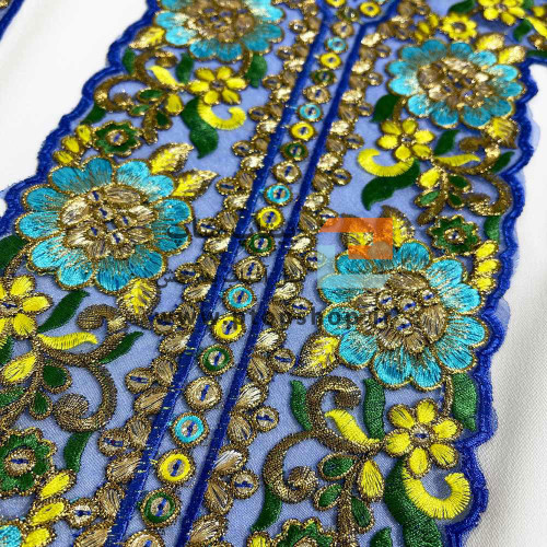 ست پنل گلدوزی، زری و پولک دوزی روی تور ارگانزا آبی